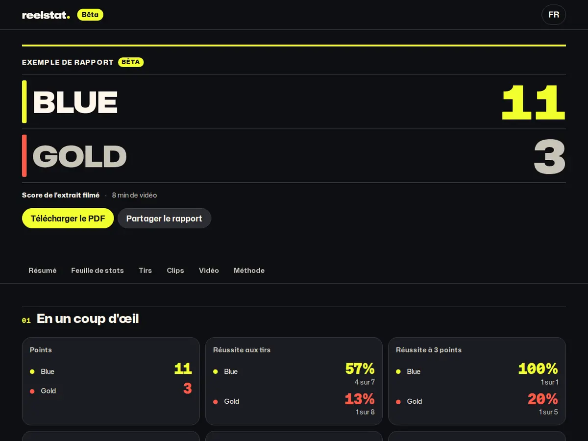 Le bilan de match Reelstat sur un téléphone et un ordinateur portable : score final, feuille de stats par numéro de maillot et tirs.